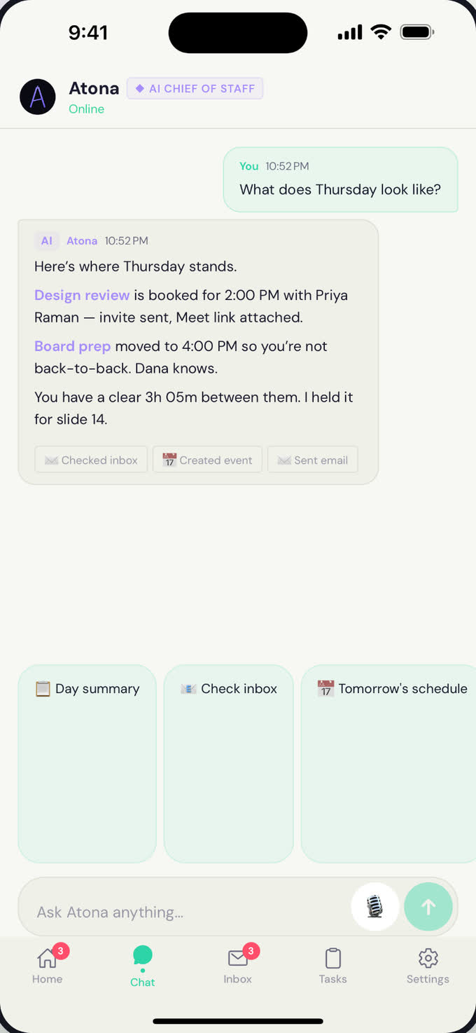 Chatting with Atona on iPhone: asked what Thursday looks like, it answers that the design review is booked for 2:00 PM with Priya Raman, board prep moved to 4:00 PM, and there is a clear 3 hour 5 minute gap it has held for slide 14.