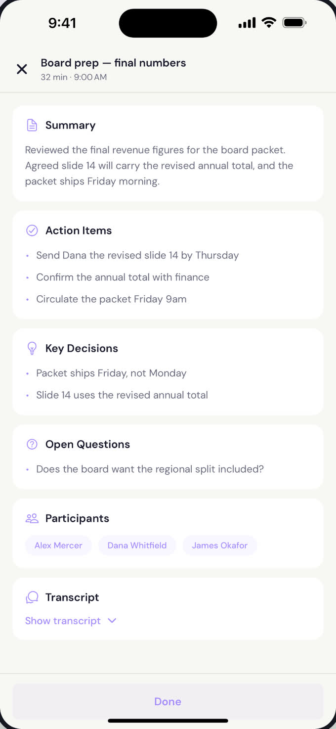 Meeting notes in Atona for iOS: a summary of the board-prep call, three action items with owners, key decisions, an open question, the participant list, and a link to the full transcript.