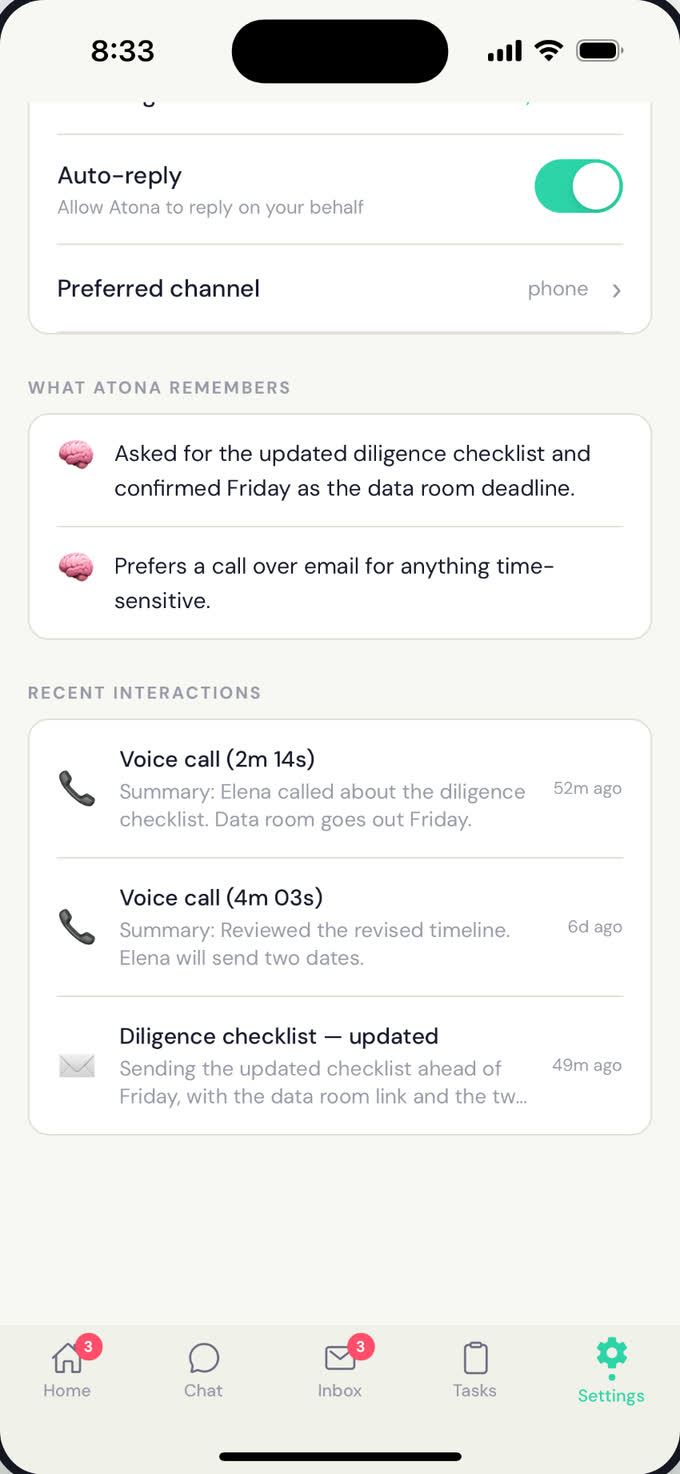 A contact in Atona for iOS. Under &ldquo;What Atona remembers&rdquo;: they asked for the updated diligence checklist and confirmed Friday as the data room deadline, and they prefer a call over email for anything time-sensitive. Below, recent interactions thread two voice calls and an email about the same checklist.